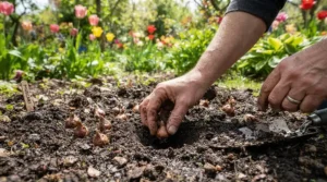 A gardener planting flowers outdoors while wearing comfortable general purpose work gloves.