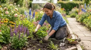 Pulling weeds from a garden bed easily using flexible general purpose work gloves.