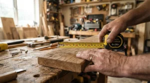 A homeowner using general purpose work gloves while measuring lumber for a DIY project.