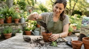 Transplanting herbs into terracotta pots while wearing breathable general purpose work gloves.