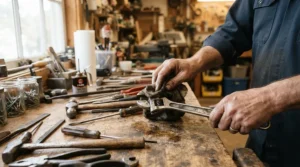 Performing routine hand tool maintenance in a workshop with general purpose work gloves on.