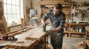 A woodworker sanding a wooden board using general purpose work gloves for secure handling.