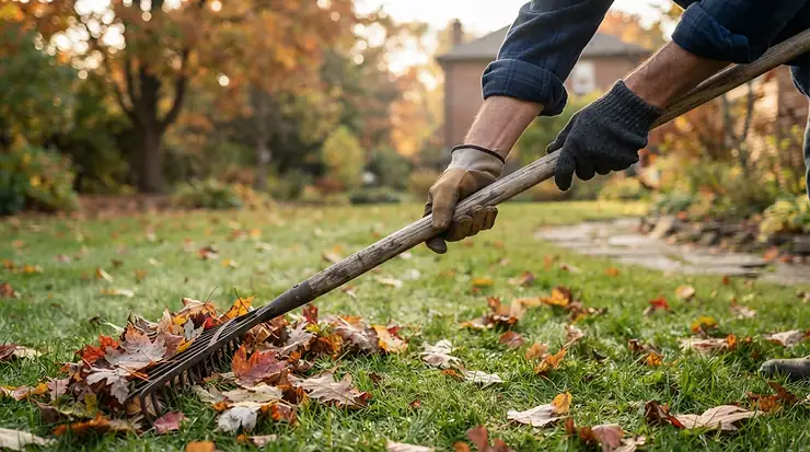 Raking autumn leaves in a suburban yard while wearing flexible general purpose work gloves.