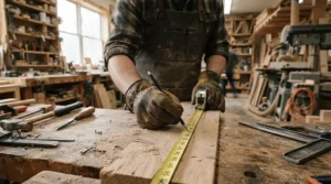 Carpenter holding a pencil and measuring tape, testing goatskin vs pigskin work gloves for dexterity