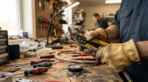 Electrician stripping thin wires, comparing goatskin vs pigskin work gloves for dexterity