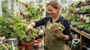 Gardener handling seeds and pruning shears, considering goatskin vs pigskin work gloves for dexterity