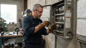 HVAC technician adjusting a thermostat, comparing goatskin vs pigskin work gloves for dexterity