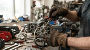 Mechanic holding a small bolt, evaluating goatskin vs pigskin work gloves for dexterity in an auto shop