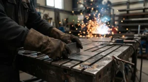 Welder positioning metal pieces, assessing goatskin vs pigskin work gloves for dexterity