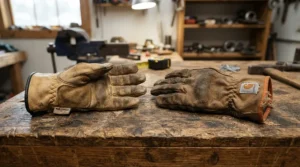 Close-up of grain leather gloves vs split leather gloves during an industrial wear test in a workshop