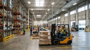 Warehouse worker sorting packages while evaluating grain leather gloves vs split leather gloves