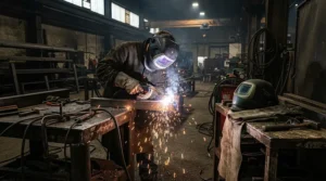 A welder comparing grain leather gloves vs split leather gloves for spark protection
